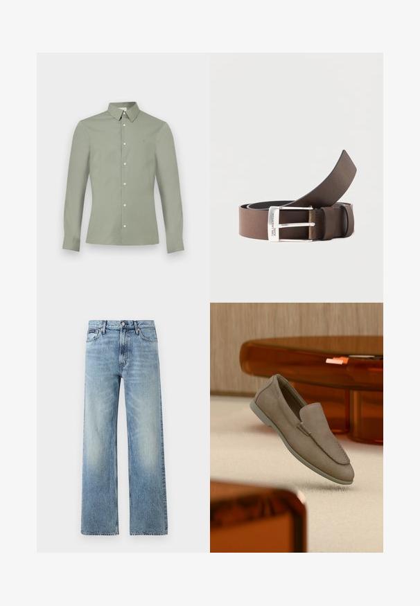 Chemise à manches longues vert clair avec col boutonné et boutons blancs, présentée sur un fond blanc uni.; Jean droit en denim bleu clair avec taille haute, cinq poches, fermeture à boutons et léger délavage sur les cuisses et les genoux.; Mocassin beige en daim à enfiler avec coutures visibles et semelle claire, positionné au-dessus d'un tapis crème, avec un meuble translucide orange en arrière-plan.; Ceinture en cuir marron avec boucle rectangulaire argentée gravée "KARL LAGERFELD JEANS", roulée avec une extrémité relevée.