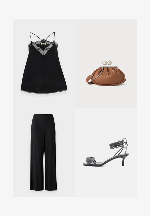 Camisole noire avec des bretelles réglables, dotée d'un décolleté en dentelle plongeant et de bords festonnés. Tissu lisse avec un léger éclat.; Pantalons larges noirs en tissu lisse, avec une taille haute et sans poches ni éléments métalliques visibles. Design longueur sol.; Sandale à talon en cuir gris avec une bride nouée sur les orteils et des lacets enroulants autour de la cheville, sur un talon moyen et fin, sur fond blanc.; Pochette en cuir marron avec un fermoir à boule en argent et un petit détail en chaîne argentée sur fond blanc.