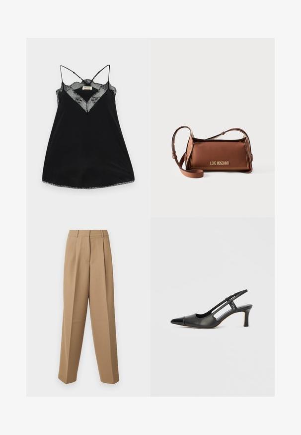 Camisole noire avec des bretelles réglables, dotée d'un décolleté en dentelle plongeant et de bords festonnés. Tissu lisse avec un léger éclat.; Pantalons beige ajustés avec une taille haute, une devant plissé et une coupe évasée. Le tissu semble lisse avec un léger éclat.; Chaussure à bride arrière en cuir noir avec bout pointu, dotée d'un accent brillant sur le bout et d'un talon de hauteur moyenne. Design latéral ouvert.; Sac bandoulière en cuir marron avec sangle réglable et logo doré "LOVE MOSCHINO" sur le rabat avant, sur fond blanc.