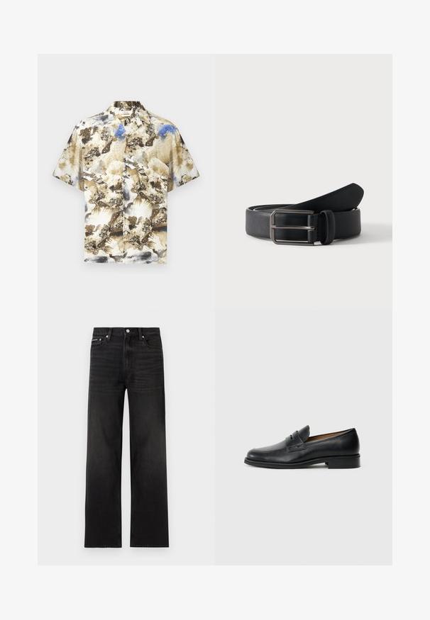 Chemise à manches courtes boutonnée avec un motif abstrait beige, marron, blanc et bleu, col et boutons à l'avant sur fond uni.; Jean noir droit avec cinq poches, passants pour ceinture et fermeture par bouton, présenté sur un fond blanc.; Mocassins en cuir noir avec un bout arrondi, présentant un détail de sangle à l'avant et un petit talon solide. Texture lisse et design épuré.; Ceinture en cuir noir roulée avec une boucle métallique argentée rectangulaire sur un fond clair uni.