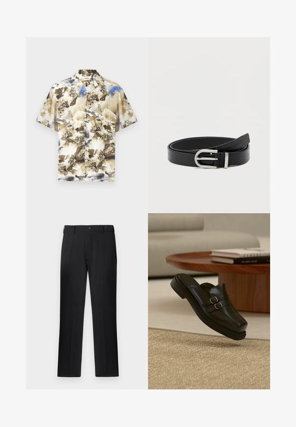 Chemise à manches courtes boutonnée avec un motif abstrait beige, marron, blanc et bleu, col et boutons à l'avant sur fond uni.; Pantalons noirs avec une coupe droite, fermeture à bouton et passants de ceinture, avec une texture lisse et sans motifs ni accents visibles.; Chaussure noire en cuir à enfiler avec double boucle argentée, présentée en suspension au-dessus d'un tapis beige texturé, près d'une table basse en bois et des livres.; Ceinture en faux cuir noir avec texture crocodile et boucle ronde en argent, enroulée sur un fond blanc uni.