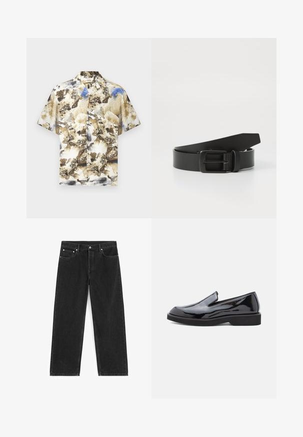 Chemise à manches courtes boutonnée avec un motif abstrait beige, marron, blanc et bleu, col et boutons à l'avant sur fond uni.; Jean denim noir à jambes droites avec poches avant et arrière, passants de ceinture et fermeture par bouton à la taille.; Chaussure à enfiler en cuir verni noir avec un bout en amande, semelle en caoutchouc noir et finition lisse et brillante. Pas de matériel visible.; Ceinture en cuir noir avec une boucle en métal noir mat, présentant une texture lisse et un design simple. Longueur réglable avec une extrémité effilée.