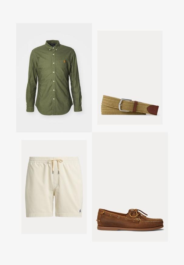 Olivgrünes Button-up-Hemd aus Baumwollstoff, mit klassischem Kragen, langen Ärmeln und einem gestickten Logo in Orange auf der Brust.; Beige Cord-Shorts mit elastischem Bund und Kordelzug, mit kleinem dunkel besticktem Logo am unteren linken Bein.; Brauner Leder-Bootsschuh mit Mokassin-Naht, Schnürdetail durch Metallösen und flacher Gummisohle, seitliche Ansicht.; Geflochtener hellbrauner Stoffgürtel mit silberner Metallschnalle und braunen Lederakzenten, einschließlich eines aufgenähten Logopatches am Ende.
