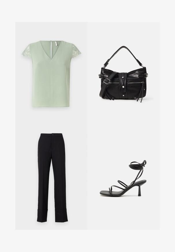 Blouse vert clair avec un décolleté en V et de courtes manches en dentelle, dotée d'une petite ouverture à l'arrière et d'une texture de tissu lisse.; Pantalons noirs à jambe droite avec fermeture à bouton et ourlet replié, fabriqués en tissu lisse avec une finition mate. Conception ajustée.; Sandale noire à lanières avec un bout carré, des liens de cheville réglables et un talon carré fin. Fabriquée en un matériau lisse et durable.; Even&Odd by Zalando H24462 - Sac à main - black