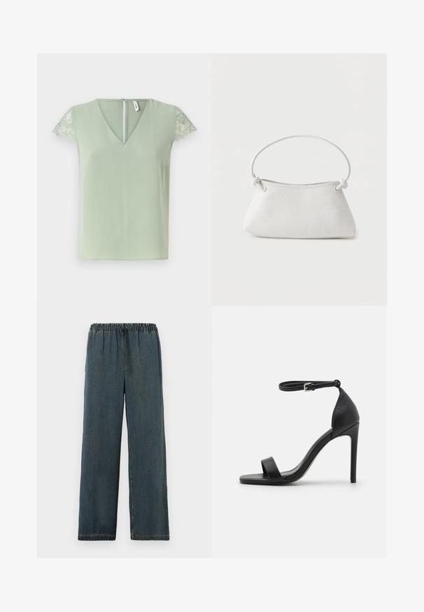Lichtgroene blouse met V-hals en korte kanten mouwen, voorzien van een kleine opening aan de achterkant en een gladde stoftextuur.; Donkerblauwe denim broek met elastische tailleband en trekkoord. Wijde pijpen met afgewerkte zomen en een gladde, gestructureerde oppervlakte.; Zwarte sandalen met hoge hakken, met een slank ontwerp, voorzien van een enkelbandje, open teen en een gladde leren textuur.; Witte handtas van gevlochten leer met een afgeronde handgreep en uiteinden van de band die geknoopt zijn, afgebeeld tegen een effen achtergrond.