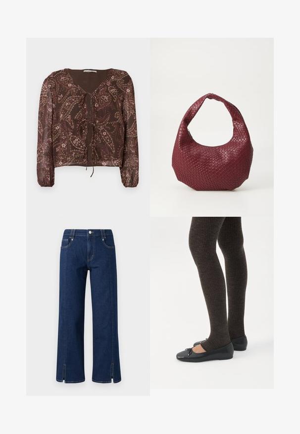 Blouse marron à motif avec des manches longues élastiques, encolure en V et détail de nœud à l'avant. Présente des motifs floraux et paisley dans des couleurs douces.; Jean en denim bleu foncé à jambes larges avec taille haute, dotée de poches latérales, d'une fermeture à bouton à l'avant et d'ourlets fendus pour une touche de détail.; Jambes portant des leggings côtelés foncés associés à des ballerines noires avec de petits détails en nœud sur fond blanc.; Sac à main tissé bordeaux avec une silhouette arrondie, une seule poignée et une finition texturée. Fermeture zippée en haut.