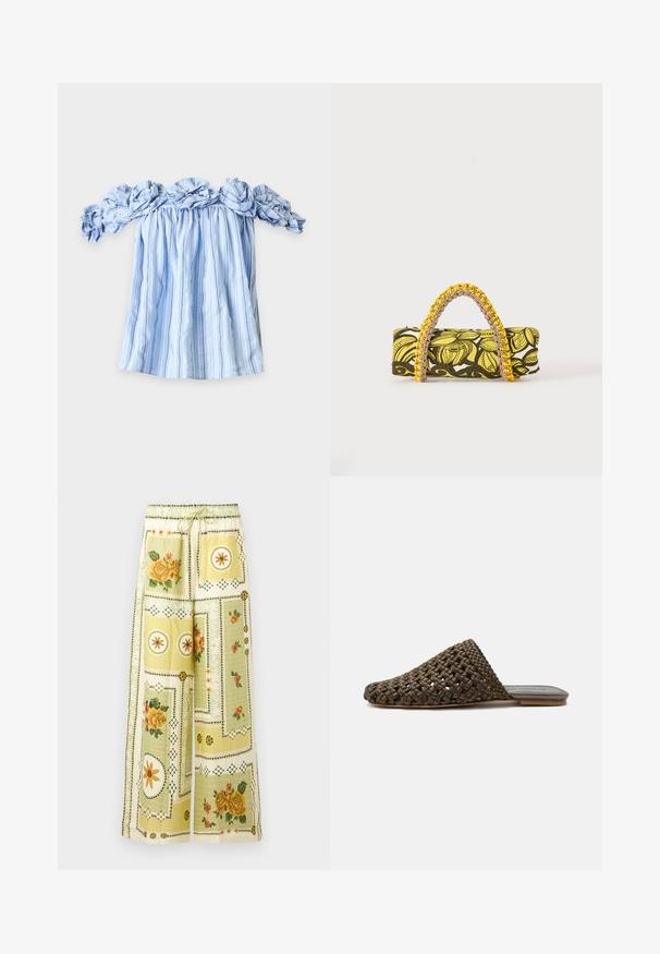 Blouse à rayures verticales bleues et blanches, épaules dénudées, avec col et manches à volants, étalée à plat sur fond blanc.; Pantalon à jambes larges avec motifs patchwork floraux et géométriques jaune clair, ceinturé d'une bande élastique et d'un cordon de serrage.; Mule tissée marron à enfiler avec une semelle plate et un bout fermé arrondi sur fond blanc.; Sac rectangulaire avec motif floral jaune et noir et anse tressée jaune et rose sur fond blanc.