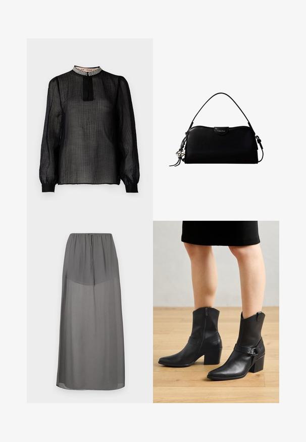 Musta, läpinäkyvä pitkähihaisa blouse, jossa on poimutettu muotoilu, korkea kaulus, joka on koristeltu helmiäisillä, ja elastiset hihansuut.; Harmaa maksihame, jossa on joustava vyötärönauha, valmistettu kevyestä, läpikuultavasta kankaasta. Siinä on sileä pinta ja lattian pituinen malli.; Mustat nahkaiset nilkkasaappaat, joissa on terävä kärki, vetoketjusulku, kaareva korko ja koristeellinen hihna metallikoristeilla.; Musta suorakaiteenmuotoinen Calvin Klein -käsilaukku, jossa on yksittäinen yläkahva, hopeinen logokoru ja pieni läppäkannen suljin edessä.