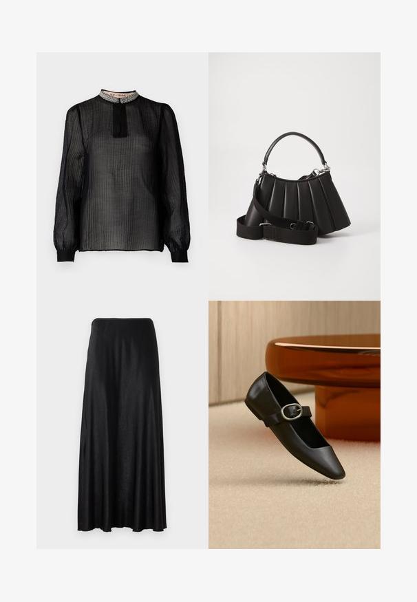 Musta, läpinäkyvä pitkähihaisa blouse, jossa on poimutettu muotoilu, korkea kaulus, joka on koristeltu helmiäisillä, ja elastiset hihansuut.; Musta, lattiaan ulottuva hame, joka on valmistettu sileästä ja kevyestä kankaasta. Ominaisuuksina on yksinkertainen, saumaton muotoilu ja joustava vyötärö.; Musta nahkainen Mary Jane -mallinen litteä kenkä hopeisella soljella, esillä beigenvärisellä matolla ruskean pyöreän pöydän jalustan lähellä.; Mustassa pleidatus käsilaukku, jossa on pyöreä kahva, säädettävä olkahihna ja kiiltävä pinta. Varustettu hopeisilla yksityiskohdilla ja rakenteellisella siluetilla.