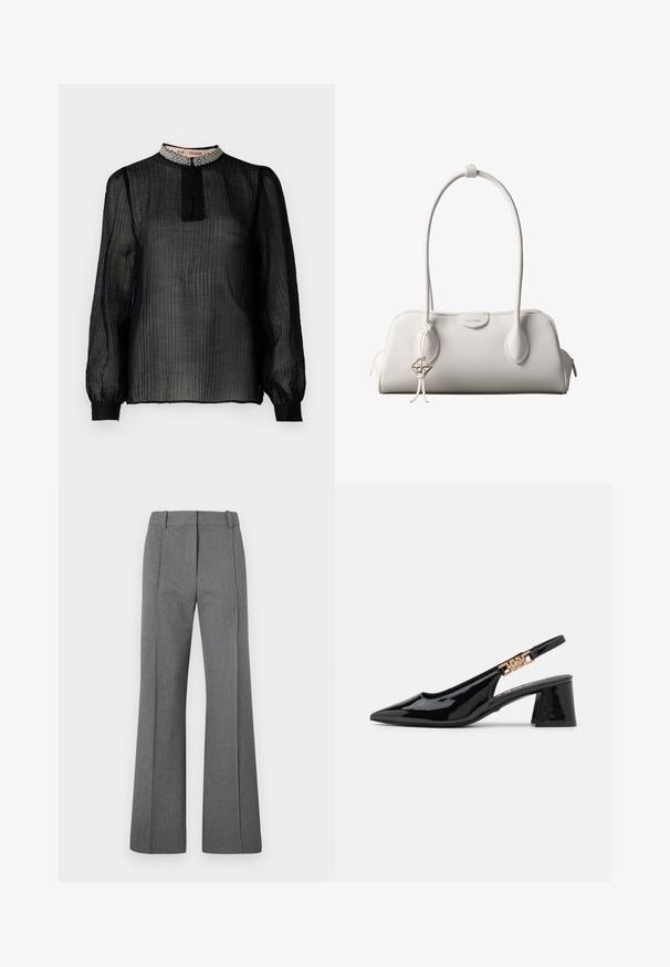 Musta, läpinäkyvä pitkähihaisa blouse, jossa on poimutettu muotoilu, korkea kaulus, joka on koristeltu helmiäisillä, ja elastiset hihansuut.; Harmaat raidalliset leveälahkeiset housut, joissa on litteä etuosa, vyölenkit ja sileä pinta. Täyspitkä muotoilu, jossa on hienovaraisia kuvioyksityiskohtia.; Mustat lakatut slingback-korkokengät, joissa on terävä nenä ja kultasävyinen metalliosuus hihnassa, varustettu lohkokorolla. Sujuva pinta.; Valkoinen Calvin Kleinin olkalaukku pitkillä kahvoilla, suorakulmainen muoto, vetoketjusuljin ja koristeellinen logoriipus kahvan lähellä.