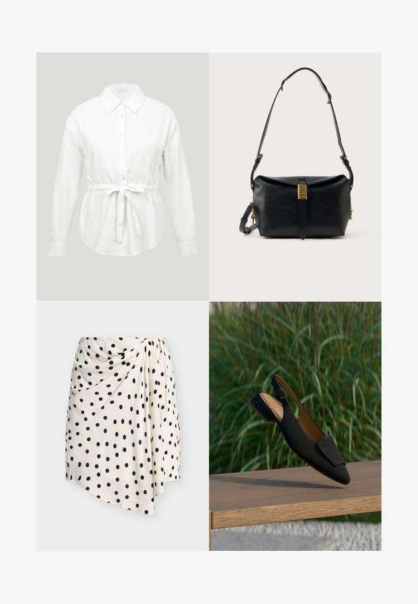 Blouse blanche à manches longues avec col pointu et ceinture à nouer à la taille, présentée sur un fond gris clair.; Jupe asymétrique blanche à pois noirs avec un détail drapé sur un côté sur un fond uni.; Escarpin slingback en daim noir avec bout pointu, talon plat et un bouton décoratif sur la bride de cheville. Doublure intérieure lisse.; Sac à bandoulière en cuir noir avec une sangle ajustable et des détails en métal doré sur le centre avant.