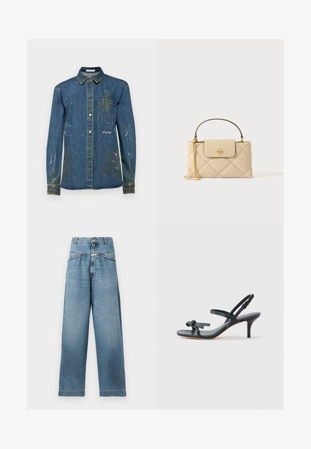 Chemise en denim pour homme, bleue avec des taches de détérioration et des éclaboussures de peinture blanche, design à boutons, manches longues, poche poitrine et col pointu.; CLOSED DENI - Wide Leg - mid blue; Sandale à talon en cuir noir avec des lanières fines, un petit nœud décoratif sur le dessus de l'orteil et une bride de cheville ajustable avec une boucle.; Sac à main en cuir beige matelassé avec une poignée supérieure, une bandoulière en chaîne dorée et un emblème doré sur le rabat de fermeture.