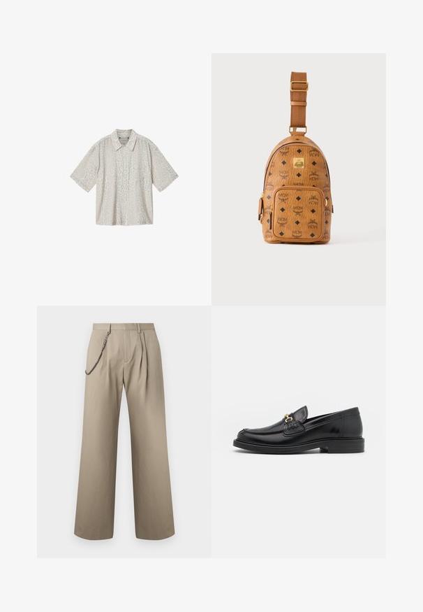 Chemise à manches courtes boutonnée avec motif léopard beige clair et blanc cassé et une poche poitrine.; Pantalon beige à jambes larges avec plis à l'avant et une chaîne métallique attachée au passant de ceinture gauche pour le style.; Mocassins en cuir noir avec un embout rond, présentant des accents en métal doré et des détails de couture, montés sur une semelle en caoutchouc texturé et basse.; Petit sac bandoulière en cuir beige avec bandoulière réglable, poche zippée à l'avant et motif répété du logo noir MCM.