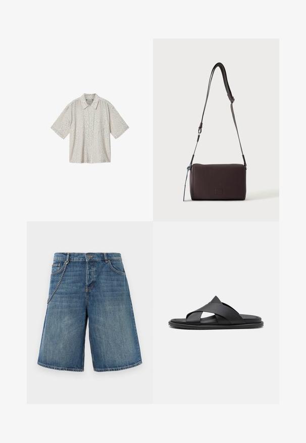 Chemise à manches courtes boutonnée avec motif léopard beige clair et blanc cassé et une poche poitrine.; Shorts en denim bleu avec poches avant, passants pour ceinture, fermeture à bouton et une chaîne métallique attachée à la poche gauche.; Stuart Weitzman BERKLEY - Mules - black; Sac bandoulière en cuir marron foncé texturé avec une sangle réglable et un petit accent décoratif bleu sur le côté.