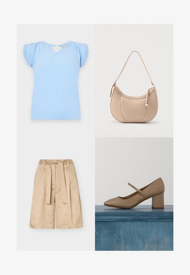 Lys blå kortærmet top med V-hals og udskæring i ryggen. Lavet af struktureret stof med let puffede ærmer. Normal pasform.; Beige højtaljede shorts med bæltestropper, stofbælte og vide ben, vist mod en ensfarvet baggrund.; Beige læderpumpe med blokhæl, rundet tå og en dekorativ strop med en gylden spænde. Glat tekstur, minimalistisk design.; Beige skuldertaske i læder med halvmåneform, lynlåslukning øverst og en aftagelig rem. Har hardware i guldtoner og syninger som detaljer.