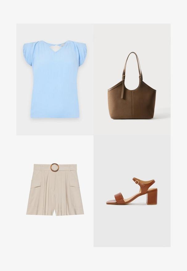 Top de manga corta azul claro con escote en V y detalle de corte en la espalda. Confeccionado en tejido texturizado con mangas ligeramente abullonadas. Corte regular.; Pantalones cortos beiges de cintura alta con una cinturilla ancha y plana, hebilla circular de madera, frente plisado y dos bolsillos laterales. Textura de tela suave.; Sandalia de tacón de cuero marrón con punta cuadrada, correa ajustable en el tobillo y tacón de bloque. Textura suave y diseño minimalista.; Bolso tote de cuero marrón con correa de hombro ajustable y hebilla dorada, textura suave, presentado sobre un fondo blanco liso.