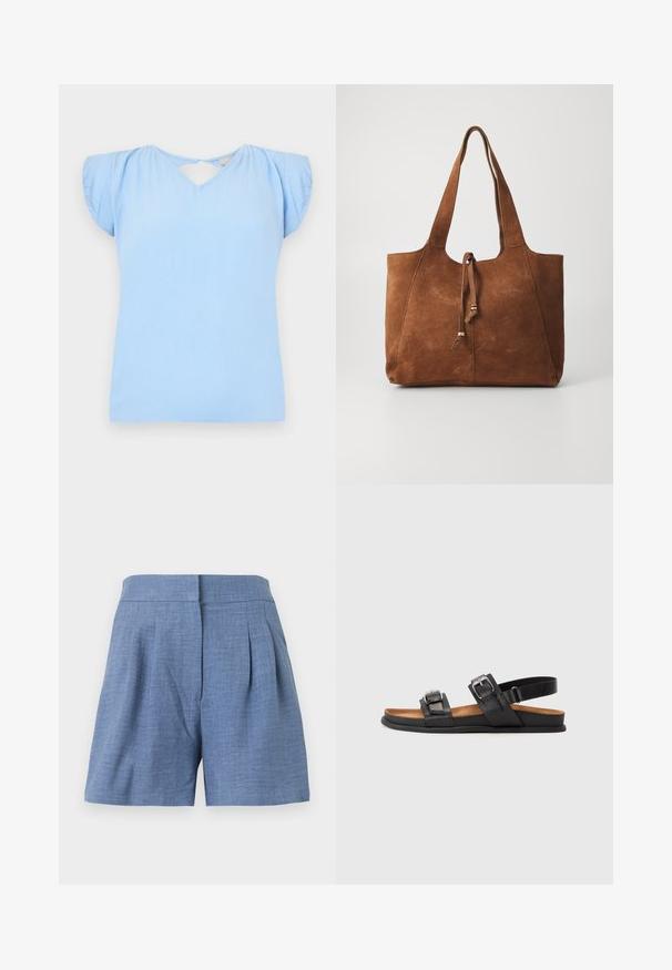 Top de manga corta azul claro con escote en V y detalle de corte en la espalda. Confeccionado en tejido texturizado con mangas ligeramente abullonadas. Corte regular.; Pantalones cortos azules de talle alto, con pinzas delanteras y cierre de cremallera oculto, confeccionados con tela ligera.; Sandalias de cuero negro con dos correas ajustables de hebilla, una plantilla acolchada y una suela plana de goma. Diseño minimalista con un aspecto clásico.; Bolso tote de ante marrón con dos asas largas, cierre de cordón y textura suave. Presenta un diseño sencillo y acentos mínimos.