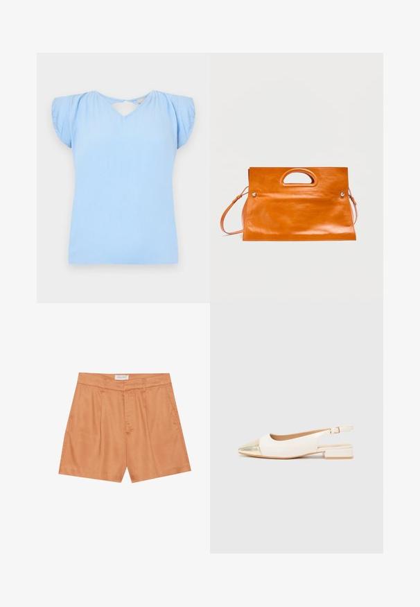 Lichtblauw T-shirt met korte mouwen, een V-hals en een uitsnijding op de rug. Gemaakt van een textuurstof met iets opgeblazen mouwen. Normale pasvorm.; Oranje geplooide shorts van gladde stof, met een rits aan de voorkant, riemlussen en zijzakken. Het label zegt "ANNA FIELD."; Witte slingback schoen met een gouden metallic puntige neus, lage blokhak en een gladde leren textuur. Verstelbare enkelband voor een goede pasvorm.; Rechthoekige oranje leren handtas met ingebouwde handvatuitnijing en verstelbare schouderriem op een effen achtergrond.