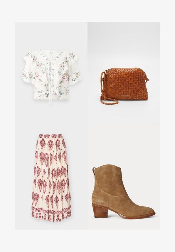 Blouse blanche avec broderie florale, larges manches à volants, encolure festonnée et détail lacé sur le devant.; Jupe maxi crème avec imprimés bordure paisley bordeaux et floral, avec volants froncés et taille élastique.; Bottine en daim marron avec talon bas empilé en bois et languette à l'arrière sur un fond clair uni.; Sac en cuir tressé marron en bandoulière avec une fermeture éclair, de forme arrondie et une poignée tressée. Il présente une petite plaque logo rectangulaire.