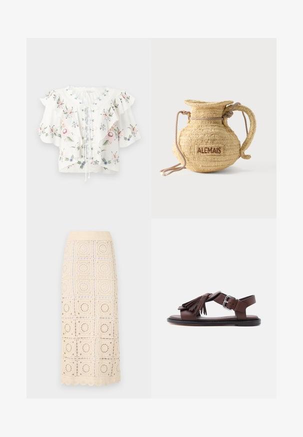 Blouse blanche avec broderie florale, larges manches à volants, encolure festonnée et détail lacé sur le devant.; Malina KAHLO - Jupe longue - cream; Sandale en cuir marron avec bride autour de la cheville, boucle argentée, semelle plate noire et décoration à pompon sur la bride avant.; Sac à main rond en paille tissée avec une anse en corde et "ALEMAIS" brodé sur le côté en fil marron.