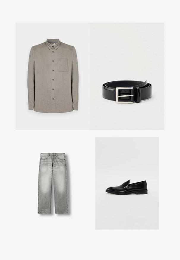 Chemise à manches longues avec boutons, en tissu gris clair à texture subtile, dotée d'un col classique et d'une poche plaquée sur la poitrine.; Jean en denim gris délavé droit avec poches avant, passants de ceinture et fermeture par bouton sur fond blanc.; Mocassin en cuir noir avec une pointe arrondie, des coutures discrètes et une finition lisse. Doté d'un talon bas empilé et d'une sangle sur le cou-de-pied.; Ceinture en cuir noir brillant enroulée avec une boucle métallique rectangulaire argentée sur un fond clair uni.