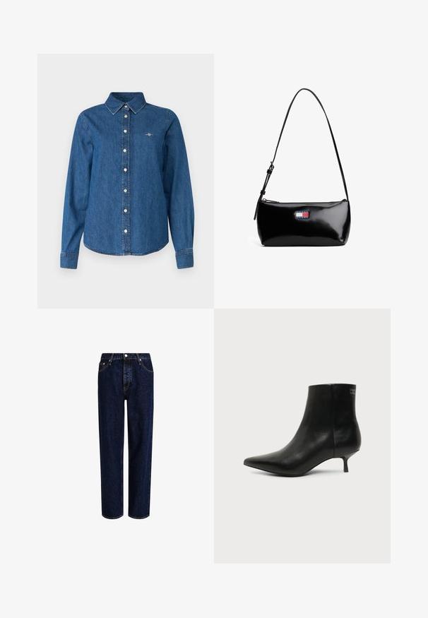 GANT REG - Πουκαμίσα με κουμπιά - indigo; Σκούρο μπλε τζιν παντελόνι με ίσια γραμμή, διαθέτοντας ψηλή μέση, σχεδίαση με πέντε τσέπες και αντίθετες ραφές. Χωρίς διακοσμητικά στοιχεία.; Μαύρο δερμάτινο μποτάκι γύρω από τον αστράγαλο με μυτερή μύτη και χαμηλό τακούνι σε ανοιχτό φόντο, εμφανίζει την εξωτερική πλευρά.; Μαύρη πατενταρισμένη δερμάτινη τσάντα ώμου με καμπύλη λουρί, κλείσιμο με φερμουάρ και ορθογώνιο μάρκων σε κόκκινο, λευκό και μπλε χρώμα.