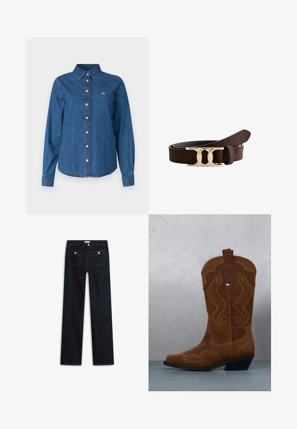 GANT REG - Skjortebluser - indigo; Mørkeblå denimjeans med lige ben, der har to forlommer og synlige syningsdetaljer. Ingen synlige slidmærker.; Brun ruskind cowboystøvle med dekorativ syning og et flagemblem på skaftet, stående på et trægulv udendørs.; Brunt ruskindsbælte med en poleret guldfarvet dobbelt-ring spænde, rullet pænt sammen med enden stukket gennem en løkke.