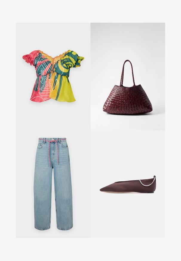 Paolina Russo BABBY DOLL - Top - neon sunset; Lichtblauwe denim brede pijpen jeans met een hoge taille, voorzien van een roze geweven trekkoord en vijf zakken. Authentieke vervaagde textuur.; Donkerbruine platte schoen met puntige neus, lage hak en een zilveren rijglin met strassteentjes aan de achterkant.; DRAGON DIFFUSION SANTA CROCE BIG - Handtas - bordo