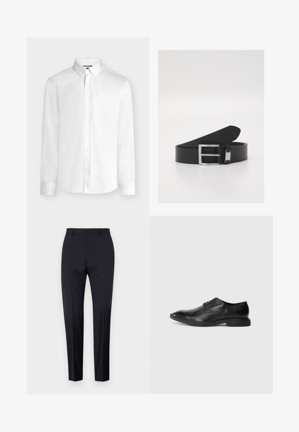 Camisa blanca de manga larga con botones, cuello abotonado y puños estándar, mostrada sobre un fondo liso de color gris claro.; Pantalones de traje en color navy, de tiro plano, corte slim, con trabillas para cinturón y bolsillos laterales. Tejido suave con un acabado nítido, sin patrones ni acentos visibles.; Zapato de vestir negro de cuero con una textura suave, punta afilada, diseño de cordones con seis ojales y un tacón rectangular bajo. Detalle de marca sutil en el lateral.; Cinturón de cuero negro con una textura suave y elegante, que presenta una hebilla de metal plateado y un sutil detalle de marca.