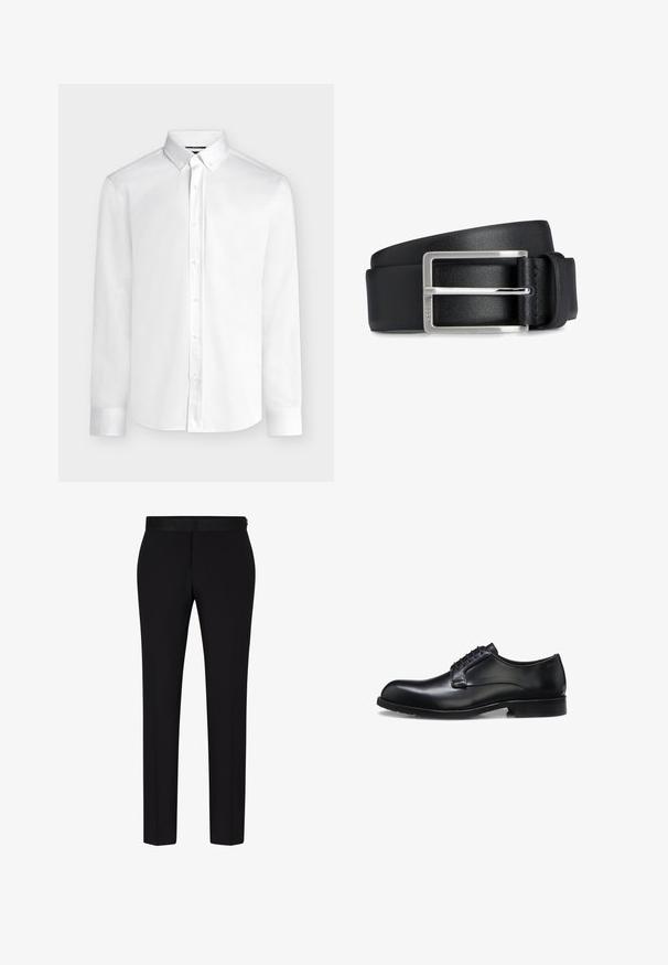 Camisa blanca de manga larga con botones, cuello abotonado y puños estándar, mostrada sobre un fondo liso de color gris claro.; BOSS H GENIUS TUX 231 - Pantalón de traje - black; Zapato de vestir para hombre de cuero negro pulido con cordones cerrados, tacón bajo y detalle sutil de marca cerca del talón sobre un fondo blanco.; Cinturón de cuero negro con un acabado liso. Presenta una hebilla rectangular plateada y un lazo para ajustes. Diseño simple y funcional.