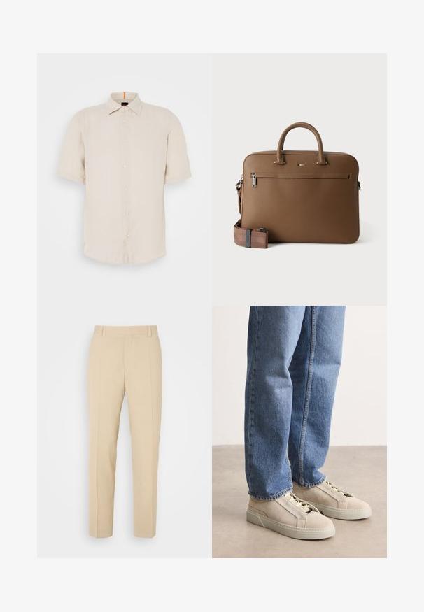 Kurzarmhemd aus leichtbeigem Leinen mit Button-Down-Kragen, Vorderknöpfen und geradem Saum. Hat eine dezente Textur.; Beige maßgeschneiderte Hosen mit geradem Bein, aus leichtem Stoff, mit zwei vorderen Taschen und ordentlich gebügelten Falten.; BOSS GARYTENN_SDHDEL - Sneaker low - natural ten; Braune Leder-Aktentasche mit oberen Griffen, vorderer Reißverschlusstasche und abnehmbarem, passendem Schulterriemen auf weißem Hintergrund.