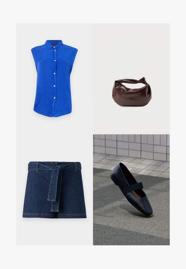 Chemise sans manches bleu en coton, avec un col, une patte de boutonnage sur le devant et un ourlet arrondi. Texture lisse, coupe décontractée.; Shorts en denim bleu foncé, dotés d'une large ceinture et d'une ceinture en tissu. Texture lisse avec des détails de surpiqûres visibles sur l' ourlet.; Chaussure plate en cuir noir avec un bout arrondi, dotée d'une douce sangle élastique noire sur le cou-de-pied. Texture lisse et design minimaliste.; Sac bandoulière en cuir marron foncé avec une forme souple et décontractée et une anse nouée torsadée sur un fond blanc uni.