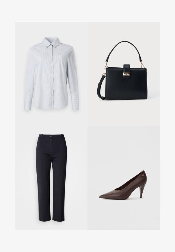 Chemise à rayures bleues claires et blanches, avec un col pointu, des manches longues et un petit logo brodé sur la poitrine.; Pantalons bleu marine à jambe droite, confectionnés dans un tissu lisse. Comprend des poches avant et une fermeture à bouton à la taille.; Pompe à talons hauts en cuir brun avec un bout pointu et un talon fin et incliné. Présente un petit accent de logo métallique à l'arrière.; Sac à main rectangulaire noir avec poignée supérieure et bandoulière amovible, doté d'une fermeture à boucle dorée avec détail logo.