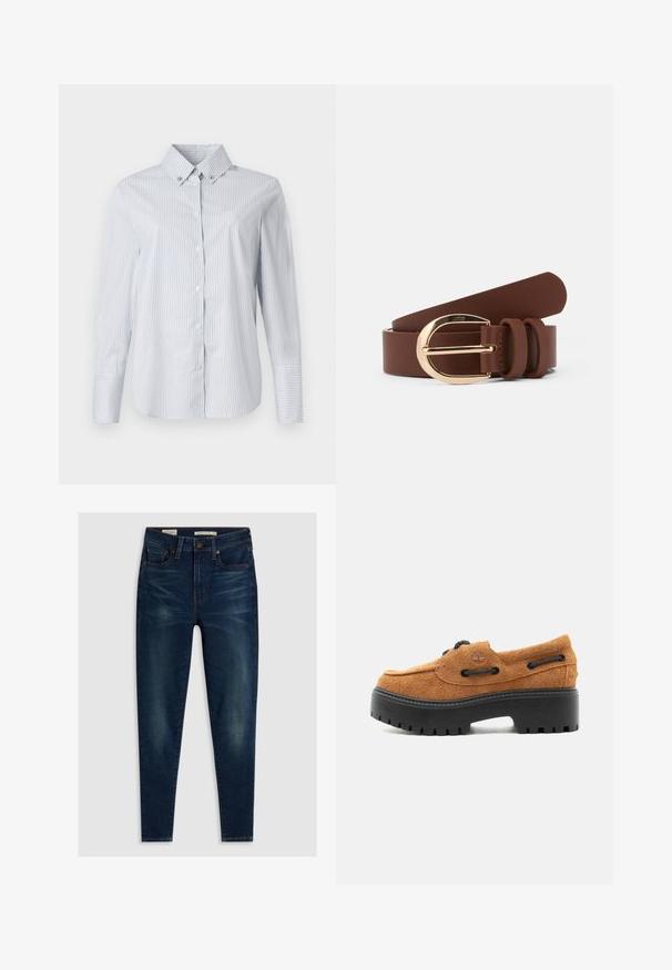 Chemise à rayures bleues claires et blanches, avec un col pointu, des manches longues et un petit logo brodé sur la poitrine.; Jean skinny taille haute bleu foncé avec des zones décolorées, fermeture par bouton à l'avant et design à cinq poches sur un fond clair.; Mocassin en daim marron avec semelle crantée noire épaisse, détails lacés, et logo embossé sur le côté, vu de l'extérieur.; Ceinture en cuir marron avec une boucle dorée brillante et deux passants en cuir. Texture lisse, design plat et extrémités arrondies.