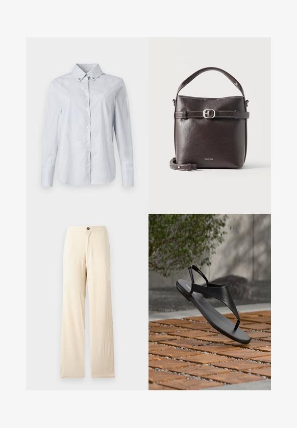 Chemise à rayures bleues claires et blanches, avec un col pointu, des manches longues et un petit logo brodé sur la poitrine.; Pantalons beige à jambes larges en tissu léger. Présentent une fermeture à boutons à l'avant et des ourlets droits. Texture lisse avec des coutures minimales.; Sandale noire en tanga avec empeigne perforée et bride arrière, présentée en suspension au-dessus d'une surface en bois et galets en extérieur.; Sac seau en cuir marron foncé avec bandoulière réglable à boucle, poignée supérieure et logo Calvin Klein sur le devant.
