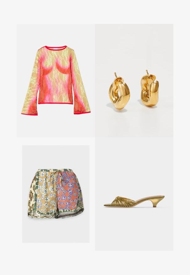 Top en dentelle à manches longues avec un dégradé de jaune, rose et rouge, col rond et manches évasées. La finition est d'un rouge vif.; Shorts à taille élastique avec cordon, avec un design patchwork et des imprimés floraux multicolores dans des tons beige, orange, marron et vert.; Mule dorée à bout ouvert avec lanières, petit talon kitten et design noué sur fond blanc uni.; Boucles d'oreilles créoles en or massif avec un design tubulaire légèrement tordu et des fermoirs à tige sur un fond blanc.