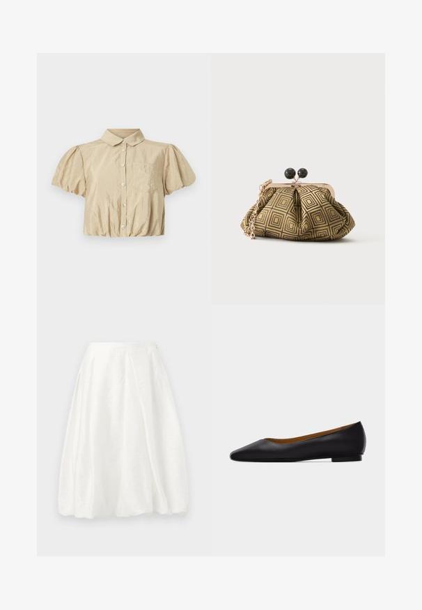 Cinq à Sept ALLINAE - Chemisier - khaki; Jupe blanche mi-longue en tissu texturé, dotée d'une taille haute et d'un design évasé pour un effet volumineux.; Chaussure plate en cuir noir à bout pointu avec talon bas et finition lisse, vue de côté sur un fond gris clair.; Petite pochette avec motif géométrique doré et noir, cadre en métal doré, fermeture à boule noire et une courte chaîne dorée.