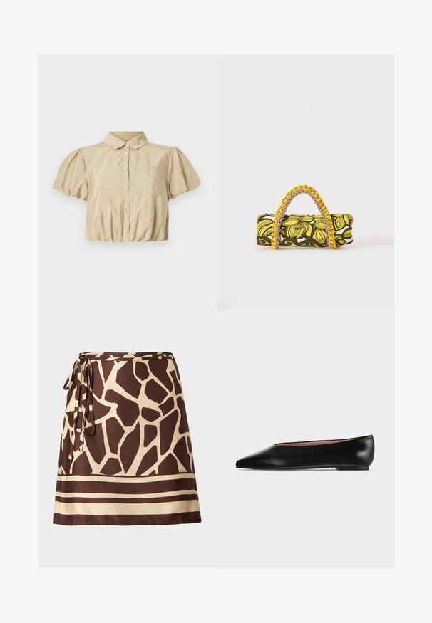 Cinq à Sept ALLINAE - Chemisier - khaki; Jupe portefeuille à imprimé girafe marron et beige avec un lien sur le côté et des rayures horizontales près de l'ourlet.; Chaussure plate en cuir noir pour femme, avec bout pointu et petit talon, vue de côté sur un fond gris clair uni.; Sac rectangulaire avec motif floral jaune et noir et anse tressée jaune et rose sur fond blanc.