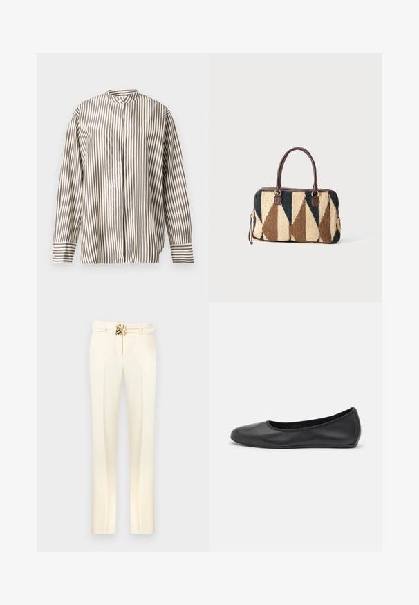 Chemise à manches longues avec des rayures verticales marron et blanches, boutonnée sur le devant, col montant sur un fond uni clair.; Pantalon sur mesure de couleur crème avec une taille ceinturée ornée de détails en métal doré, jambes droites, et une texture lisse et douce.; Ballerines en cuir noir avec un bout rond, texture lisse, détails de couture minimalistes et design de semelle flexible.; Sac à main rectangulaire avec des poignées en cuir marron, un motif géométrique en tricot beige, marron foncé et noir, et une fermeture éclair sur fond blanc.