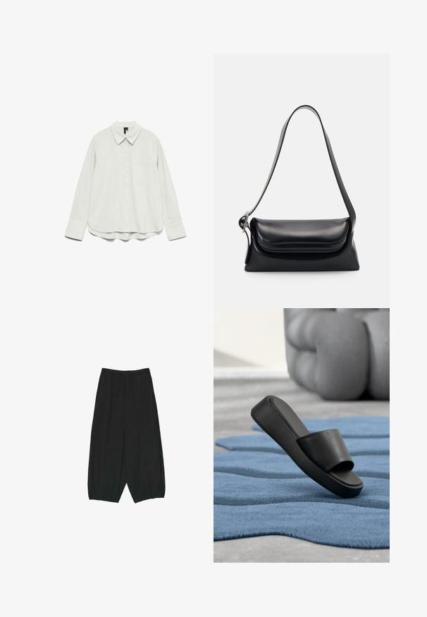 Chemise blanche à manches longues avec col, poche poitrine et larges poignets, présentée à plat sur un fond blanc.; Pantalon large noir ample avec taille et poignets élastiqués, doté de poches latérales et d'une coupe décontractée.; Sandale slide noire reposant sur un tapis bleu texturé avec un grand mobilier gris rembourré en arrière-plan.; Sac à main en cuir noir avec une forme structurée, une texture lisse et une seule bandoulière. Présente un design de rabat arrondi et subtil.