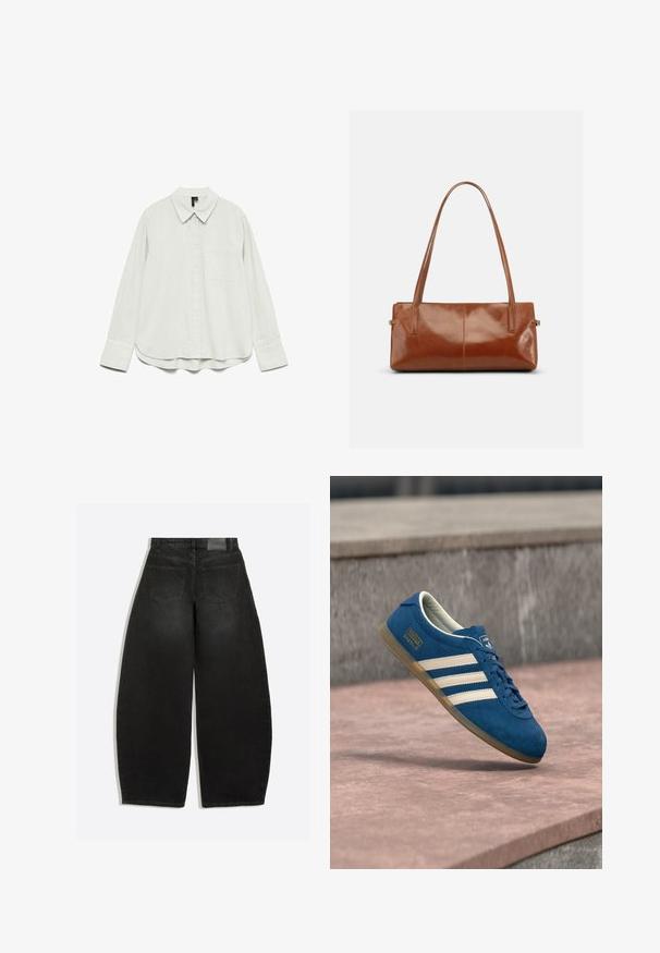 Chemise blanche à manches longues avec col, poche poitrine et larges poignets, présentée à plat sur un fond blanc.; Jean en denim noir à jambes larges, vu de dos avec deux poches arrière et passants de ceinture à la taille.; Baskets en daim bleu avec bandes et lacets crème, semelle en caoutchouc naturel, surface texturée, bout arrondi et logo sur le côté.; Sac à main rectangulaire en cuir marron avec deux longues bandoulières, finition lisse et brillante, au design minimaliste sur un fond uni.
