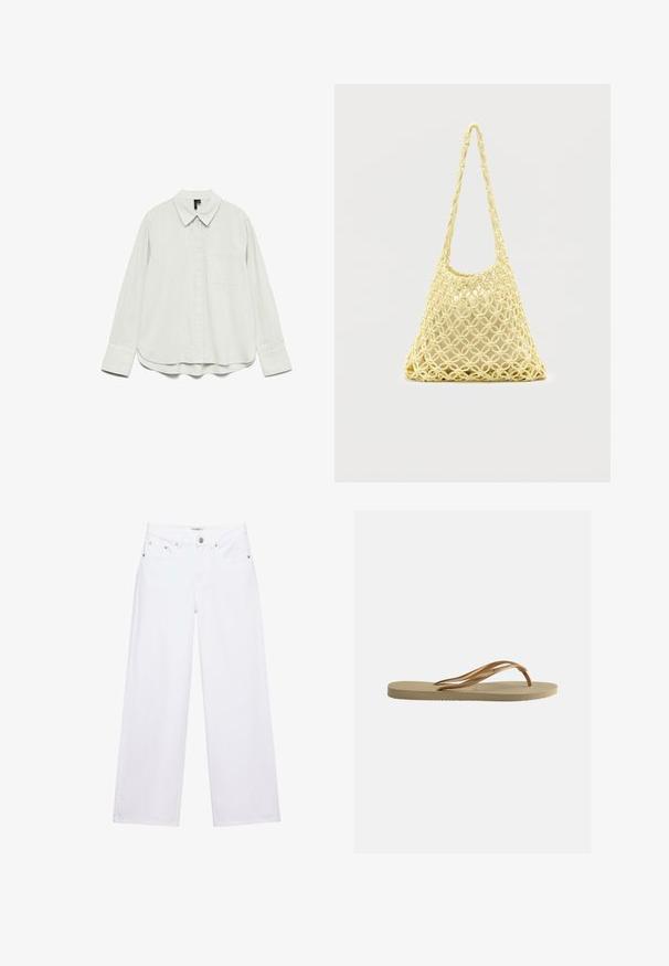 Chemise blanche à manches longues avec col, poche poitrine et larges poignets, présentée à plat sur un fond blanc.; Jean blanc taille haute à jambes larges avec fermeture à boutons et zip, poches avant et arrière, et détails en rivets argentés.; Tongs beige avec semelle texturée et brides métalliques bronze en forme de Y sur fond blanc uni.; Sac en filet macramé jaune avec longue bandoulière et pochette beige à l'intérieur, présenté sur un fond blanc uni.