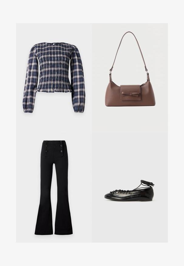 Blouse à manches longues en tartan bleu marine avec un corsage smocké et des poignets froncés, dotée d'une petite ouverture en forme de clé avec bouton de fermeture au dos du col.; Pantalons évasés noirs en denim avec une taille haute, ornés de quatre boutons décoratifs à l'avant et d'une texture lisse.; Ballerines en cuir verni noir avec un bout rond, un design à lacets et une semelle plate. Texture lisse avec peu de détails.; Sac à bandoulière en cuir marron avec une poche à rabat avant ornée d'un détail en forme de nœud cousu et une sangle réglable.