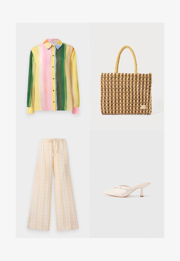 Blouse colorée à manches longues présentant des rayures verticales en rose, jaune, vert et orange. Confectionnée dans un tissu doux avec un col et un devant à boutons.; Pantalons à jambes larges en tissu léger, dans un motif à carreaux jaune pâle et blanc. Dotés d'une taille élastique avec cordon de serrage.; Chaussure mule en tissu beige clair avec un design noué à l'avant, bout pointu et talon fin et effilé. Texture lisse dans l'ensemble.; Sac tissé marron et jaune, de forme rectangulaire, avec deux poignées, et une finition texturée avec des coutures visibles et une étiquette de marque.