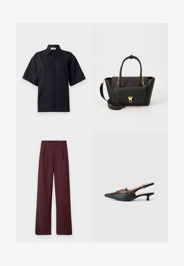 Zwarte geknoopte overhemd met korte mouwen, voorzien van een gestreept patroon, een gespreide kraag en een knoopsluiting aan de voorkant. Gladde textuur, ontspannen pasvorm.; CLOSED MAWSON - Broek - dark raisin red; Zwarte leren slingback pump met puntige neus, kleine hak, open ontwerp en goudkleurige gespdetail op het bandje.; Zwarte leren handtas met dubbele handgrepen en een afneembare schouderband, voorzien van een voorvak dat is beveiligd met een gouden sluiting. Accenten van gouden hardware.