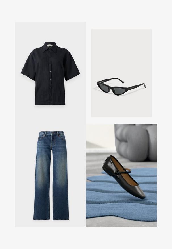 Chemise noire à manches courtes, avec un motif rayé, col évasé et fermeture par boutons sur le devant. Texture lisse, coupe décontractée.; Jean en denim bleu coupe droite avec un léger délavage au niveau des cuisses, style cinq poches et fermeture par bouton à la taille.; Chaussure Mary Jane en cuir noir avec bride à boucle, posée sur un tapis bleu texturé, avec un canapé gris capitonné flou en arrière-plan.; Lunettes de soleil noires forme œil de chat avec verres foncés et branches fines, marquées "MAGDA BUTRYM" sur le côté.
