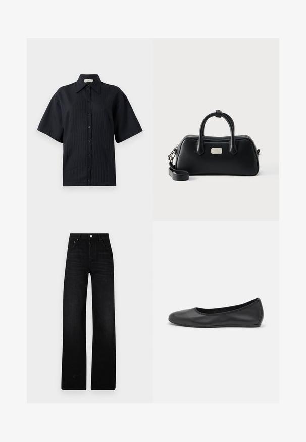 Sort knap-shirt med korte ærmer, der har et stribet mønster, spredt krave og frontknaplukning. Glat tekstur, afslappet pasform.; Sorte brede ben jeans lavet af denim. Har en høj talje, to forlommer og metalknaplukning. Struktureret overflade med minimal blege.; Sort læderballetsko med rund tå, glat tekstur, minimal syning og et fleksibelt såldesign.; Sort rektangulær læderhåndtaske med to håndtag, aftagelig skulderrem og lille sølvfarvet brandlogo-plakette foran.
