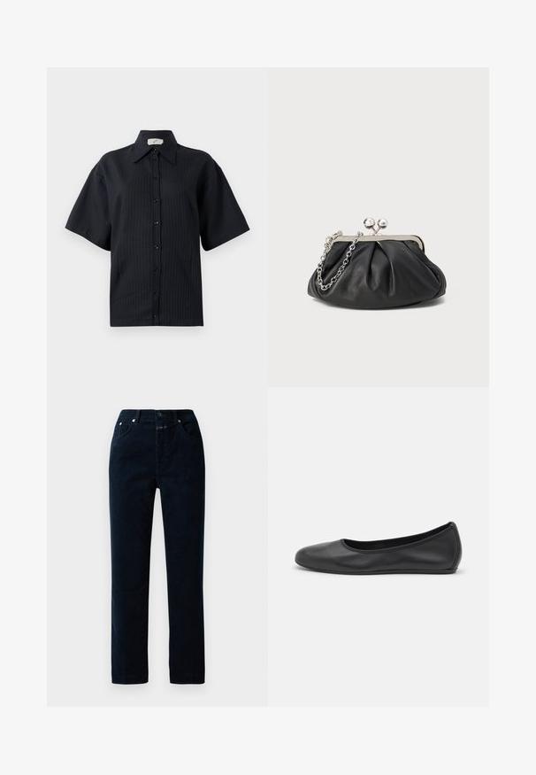Zwarte geknoopte overhemd met korte mouwen, voorzien van een gestreept patroon, een gespreide kraag en een knoopsluiting aan de voorkant. Gladde textuur, ontspannen pasvorm.; Navy corduroy broek met een rechte pijp, voorzien van voorzakken, een ritssluiting en metalen knopen op de tailleband.; Zwarte leren ballerina met een ronde neus, gladde textuur, minimale stikdetails en een flexibele zoolontwerp.; Zwarte leren clutch met geplooide textuur, zilverkleurig metalen frame, drukknopsluiting en kettingriem. Glad, zacht oppervlak.