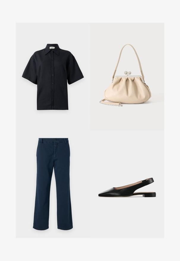 Sort knap-shirt med korte ærmer, der har et stribet mønster, spredt krave og frontknaplukning. Glat tekstur, afslappet pasform.; CLOSED SERANDON - Bukser - dark night; Sort læder slingback flad sko med spids tå og lav firkantet hæl på hvid baggrund.; Beige blød læderhåndtaske med en sølv metalramme-lukning, enkelt skulderstrop og en valgfri kæderem på en hvid baggrund.