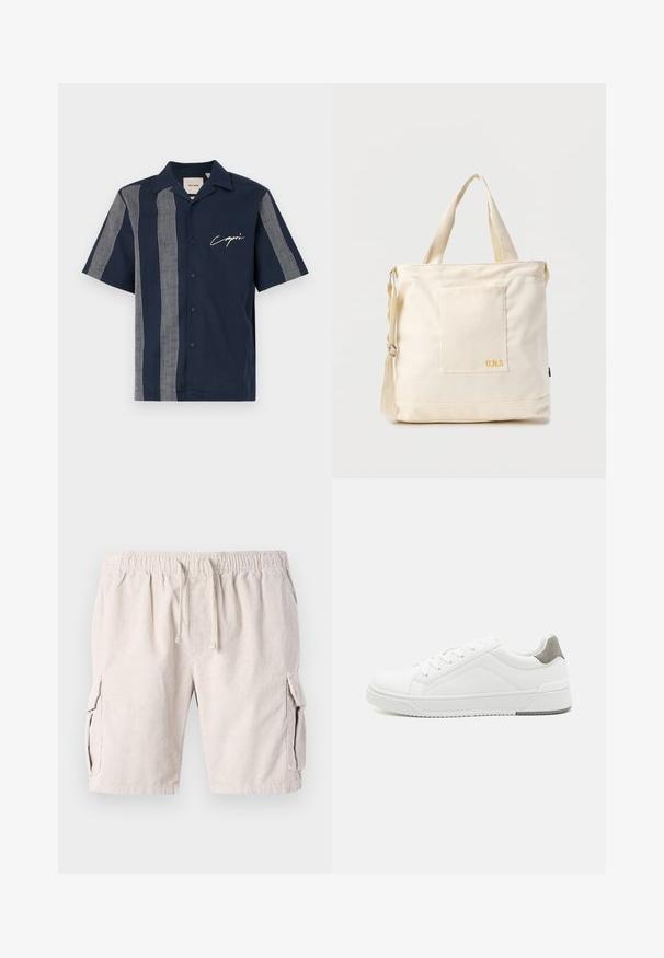 Kortærmet navy skjorte lavet af bomuld med hvide rute-mønstrede striber og "Capri" branding på brystet. Knappedesign.; Beige corduroy cargo shorts med elastisk talje, snøre lukning og to sidelommer. Stoffet har et struktureret, ribbet mønster.; Hvid sneaker lavet af glat læder, rund tå, minimalistisk design, grå hælafsats og tekstureret gummisål.; Kremfarvet lærredstote-taske med frontlomme, to håndtag, justerbar skulderrem og lille gul "O.N.S" tekst i nederste højre hjørne af lommen.
